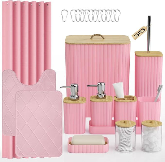 Bathroom Accessory Set - 25PC Bathroom Sets with Shower Curtain and Rugs, Pink Bathroom Set, Bathroom Accessories Set, Shower Curtain Sets with Rugs, Bathroom Trash Can & Soap Dispenser