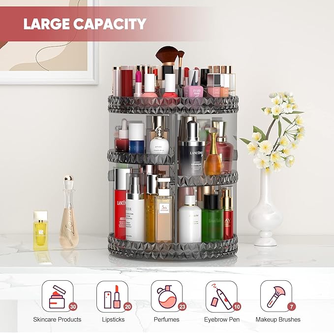 360 Rotating Makeup Organizer, DIY Adjustable Makeup Carousel Spinning Holder Storage Rack, Large Capacity Vanity Organizer Skincare Organizers (Gray)
