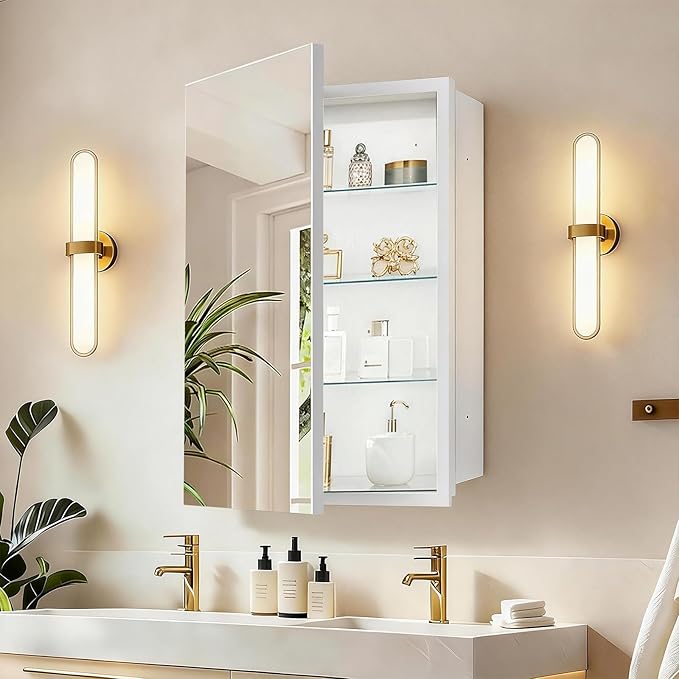 16 x 26 inch Bathroom Medicine Cabinet, Mirror Cabinet with Single Door & Removable Shelves, Surface Mount or Recess Installation, Medicine Cabinets for Bathroom
