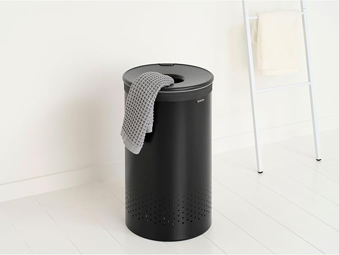 Brabantia Laundry Basket with Lid | 16 Gal Washing Hamper with Removable Cotton Bag & Quick-Drop Opening | Space-Saving Laundry Hamper | Matt Black