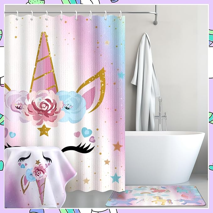 Nuanchu 6 Pcs Unicorn Shower Curtain Set with Rug Rainbow Unicorn Bathroom Sets with Shower Curtain Bath Mat U Shaped Mat Toilet Lid Cover 2 Bath Towels and 12 Hooks Pink Girls Bathroom Decor