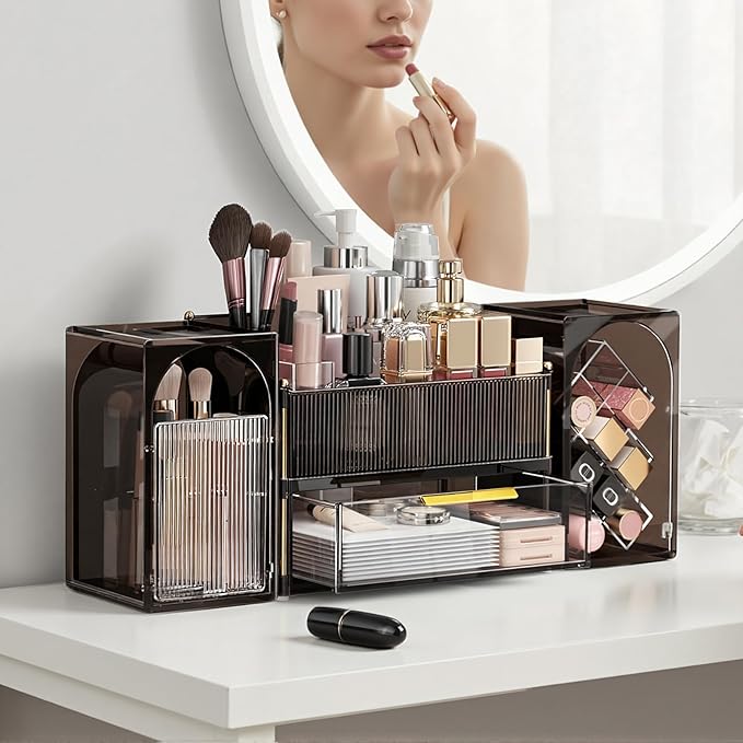 Makeup Organizer for Vanity with Brush Holder, Large Bathroom Countertop Cosmetic Organizer Skin Care Storage, Easy to Store Lipsticks, Nail Polishes, Perfumes (Brown+Transparent)