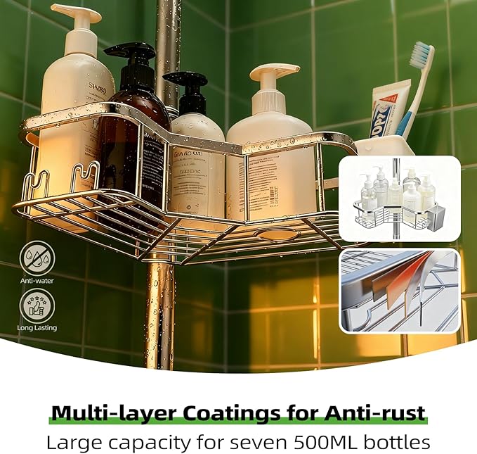 Corner Shower Caddy Tension Pole, 4 Tier Rust-Resistant Adjustable Bathroom Organizer Shelves, Bathtub Storage Rack with Soap Holder, No-Drill Install, Floor to Ceiling Rod 47-121 Inch, Silver