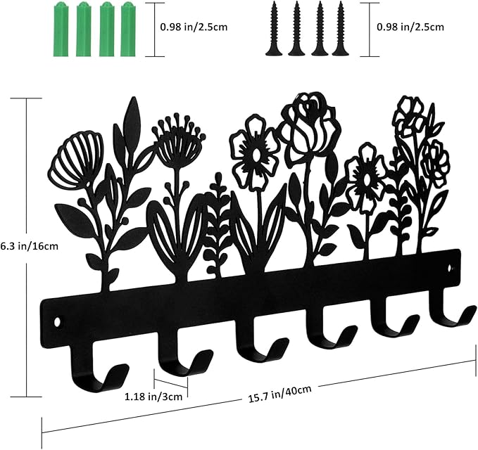 16 Inches Towel Rack Key Holder Wall Mounted with 6 Hooks, Black Metal Keychain Hanger for Entryway Front Door Hallway Mudroom, Waterproof Rustproof Kitchen Bathroom Organizer Home Decor