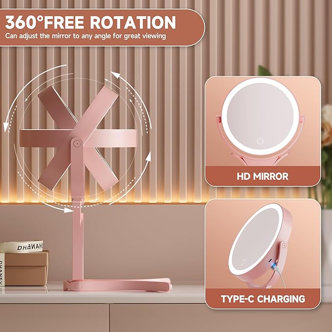 Hasipu Portable Travel Makeup Mirror with Lights – 360° Rotating with 1X/10X Magnifying, Rechargeable Tabletop Handhold Hanging 3 in 1 Mirror (Pink)