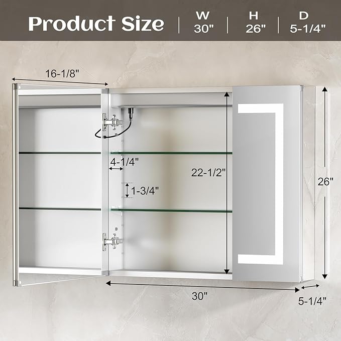 30x26 Inch Bathroom Medicine Cabinet with Mirror, Lighted Bathroom Mirror with Storage, Recessed /Surface Mount Medicine Cabinet with Socket & USB, Anti-Fog, 3 Colors Temperature, Dimmable Light
