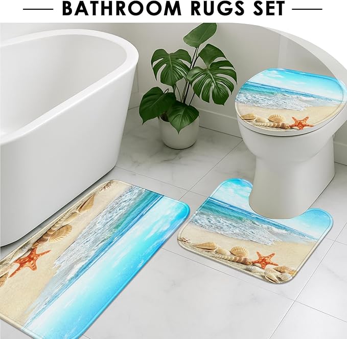Britimes 4 Piece Shower Curtain Sets, with 12 Hooks, Ocean Summer Sea Starfish Seashell with Non-Slip Rugs, Toilet Lid Cover and Bath Mat for Bathroom Decor Set, 72" x 72"