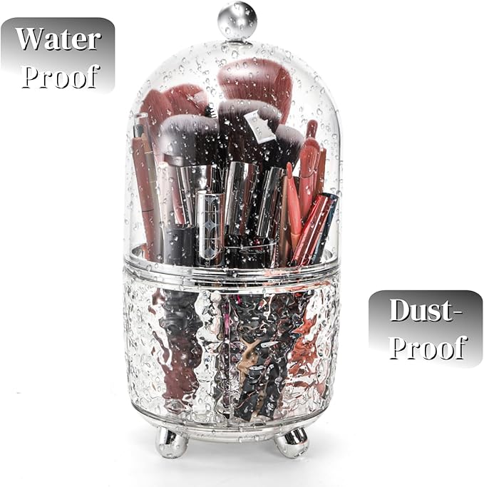 Eorbow Rotating Makeup Brush Holder, Dustproof Cosmetic Tools Organizer with Lid, 360?? Spinning Covered Brushes Storage with Anti-slip Pads for Vanity, Bathroom Countertop & Bedside Table, Clear