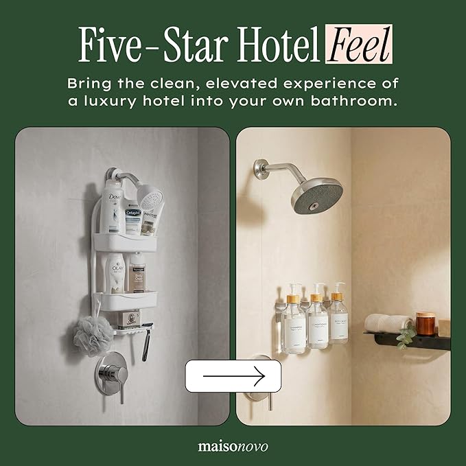 Shampoo and Conditioner Dispenser Wall Mounted Set of 3 Clear Bamboo - No Drill Shower Soap Dispenser for Bathroom Refillable - Spa Hotel Style Accessories by MaisoNovo