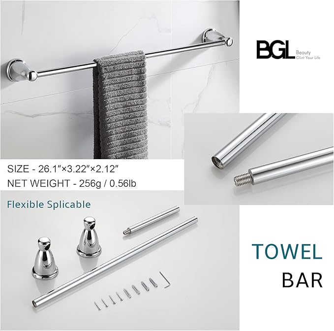 BGL 4-Piece Bathroom Accessory Set Chrome Bathroom Hardware Set 24 Inches Adjustable Towel Bar Towel Ring Paper Holder Robe Hook