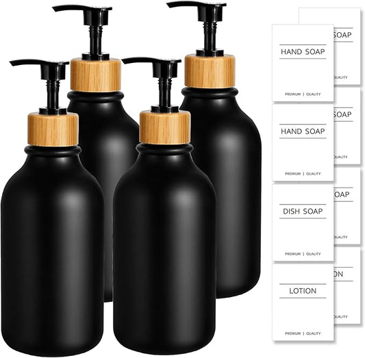 KASUNTING Black Soap Dispenser, 4 Pack Hand Soap Dispenser Bathroom with Bamboo Pump,17 Fl Oz Plastic Hand and Dish Dispenser Set for Kitchen, Refillable Liquid Soap and Lotion Dispensers Bottle