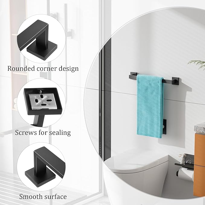 Alise Black Towel Bar, 16 Inch Towel Racks for Bathroom, SUS304 Stainless Steel Towel Holder Wall Mounted, Heavy Duty Towel Hanger for Bathroom & Kitchen (Matte Black)