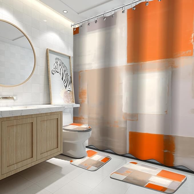 Lnond 4Pcs Bathroom Shower Curtain Sets with Rugs,Orange Brown Painting Art Bathroom Sets with Shower Curtain and Rugs and Accessories