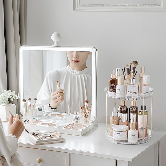 Delamu Rotating Makeup Organizer for Vanity, 2 Tier Skincare Organizer for Bathroom Counter, Spinning Perfume Organizer Cosmetic Holder with Large Capacity, Clear