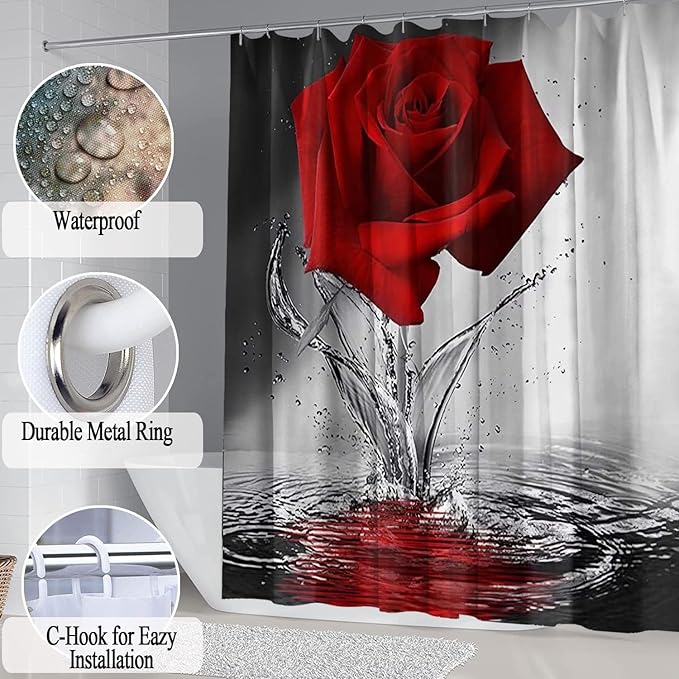 4Pcs Red Rose Shower Curtain Sets, Mother's Day Romantic Water Red Rose Bathroom Sets with Shower Curtain and Rugs Toilet Lid Cover Bath Mat, Waterproof Fabric Rose Gift Shower Curtains with Hooks