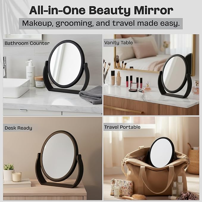 Danielle Creations Oval Soft Touch Vanity Mirror, Black, 1x/7x Magnification Makeup Mirror with Stand, Tabletop & Desk Mirror for Bathroom, Bedroom, Portable Beauty Use