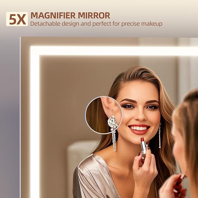 Memobarco Vanity Mirror with Lights, 24" x 32" Makeup Mirror with 3 Color Modes 5X Magnification & USB/Type-C Charging Port, Large LED Mirror for Bedroom Tabletop & Wall Mounted