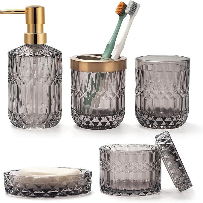 IVAILEX 5PCS Grey Glass Bathroom Accessories Sets of Lotion Dispenser, Soap Dish, Toothbrush Holder, Tumbler, Cotton Swab Jars, Modern Bath Decor, Vintage Gift