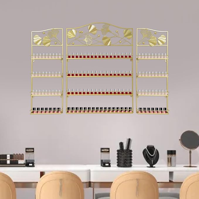 3PCS Metal Nail Polish Racks, Nail Polish Wall Organizer 4 Tiers Leafage Shape Display Rack Wall Mounted Display Case for Home Spa Nail Salon Shop- Gold