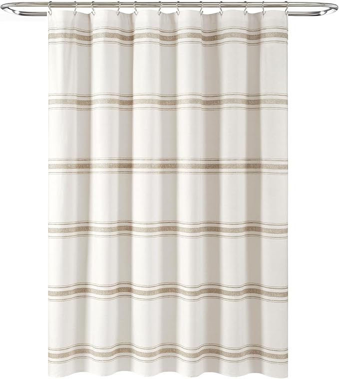 Lush Decor Farmhouse Stripe Cotton Shower Curtain, 72" W x 72" L, Neutral - Striped Bathroom Curtain - Fabric Shower Curtains - Farmhouse Bathroom Decor