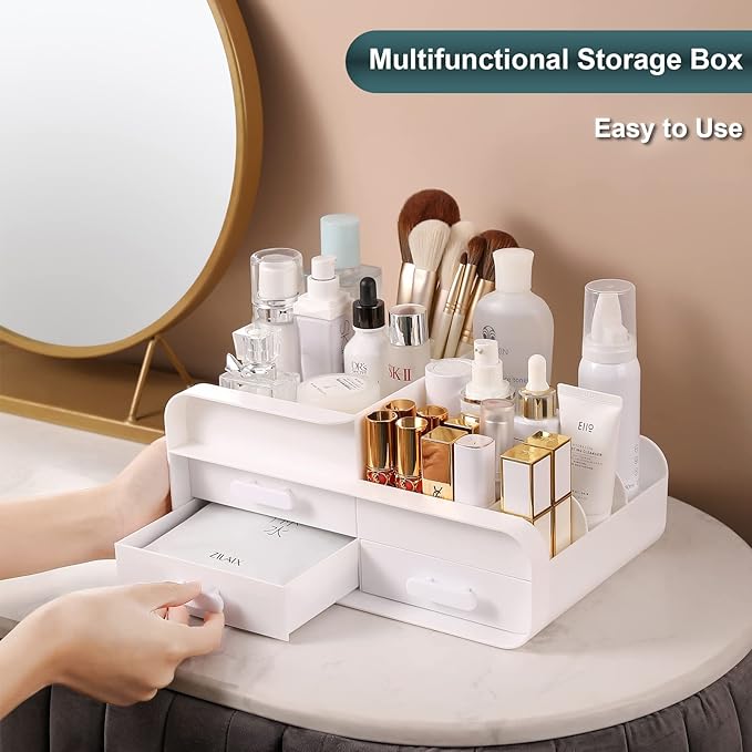 Makeup Desk Organizer With Drawers, Multifunction Desk Skincare Organizer for Dressing Table, Vanity Countertop, Bathroom Counter, Lotions, Lipstick and Nail Polish (White)