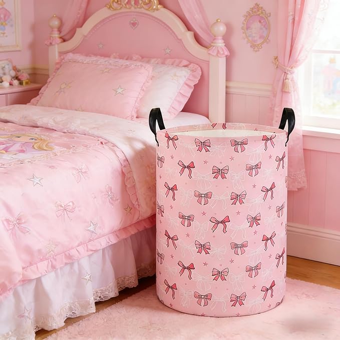Laundry Hamper Baby Nursery Hamper Waterproof Foldable Kids Laundry Basket Kids Dirty Clothes Hampers Girl Room Decor for Home Gift Baskets(Cute Bow)