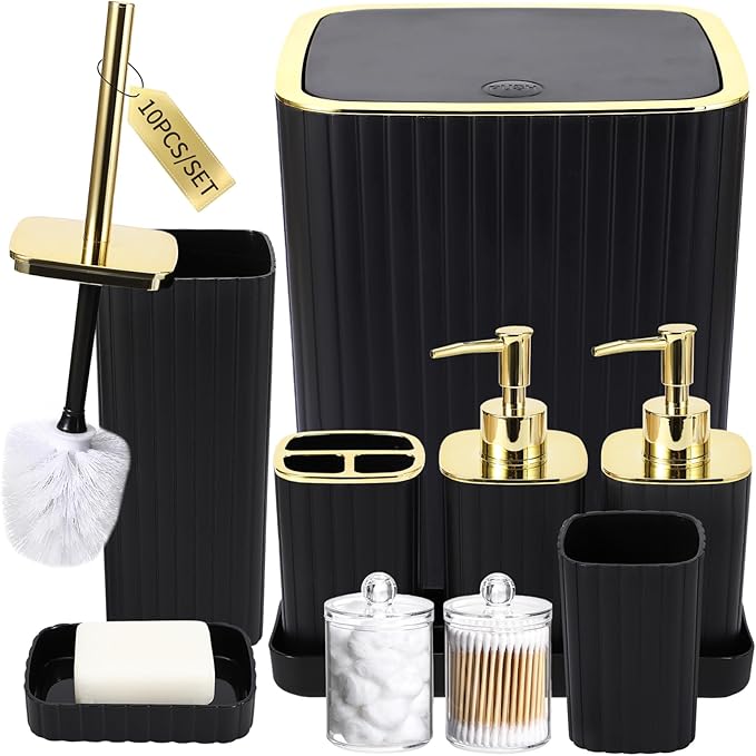XLHOMO Bathroom Accessories Set - Gorgeous Black Bathroom Set, 10PC Bathroom Accessory Set, Toilet Brush, Trash Can, Qtip Holder & Soap Dispenser