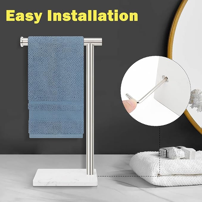 Standing Hand Towel Holder with Marble Base, 304 Stainless Steel Towel Rack, Countertop Stand Towel Ring for Bathroom (Brushed Nickel)