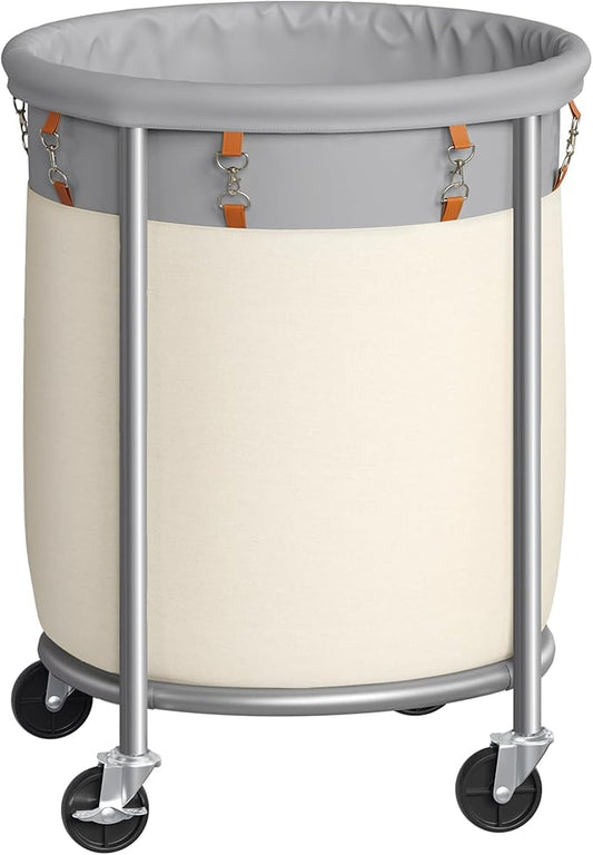SONGMICS 29-Gallon (110 L) Laundry Basket with Wheels, Rolling Round Heavy-Duty Laundry Hamper Cart with Steel Frame and Removable Bag, 2 Locking Wheels, Dove Gray and Cream White URLS002GD02
