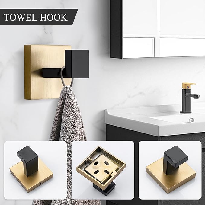 TURS 4-Piece Bathroom Hardware Set Black and Brushed Gold Towel Bar Holder Set Stainless Steel Bathroom Accessory Set Wall Mounted