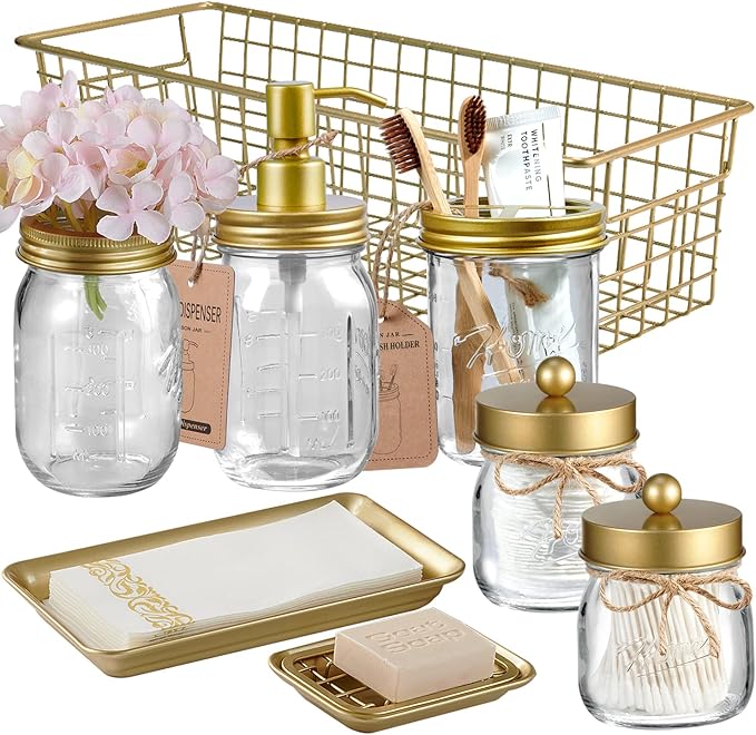 SheeChung 8PCS Mason Jar Bathroom Accessories Set Complete - Soap Dispenser, Toothbrush Holder, 2pcs Qtip Holders, Flower Vase, Soap Holder, Vanity Tray, Toilet Paper Storage, Bathroom Decor - Gold