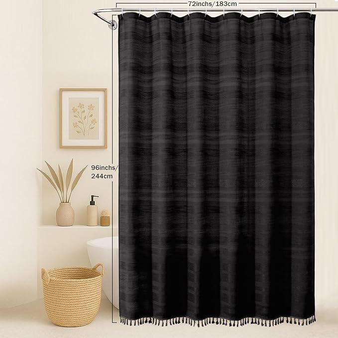 OVZME Extra Long Black Shower Curtain 96 Inch Long, Boho Linen Textured Soft Fabric Heavy Duty Cloth Bathroom Shower Curtain with Tassel, Tall Farmhouse Luxury Bath Decor, 72Wx96L Inches