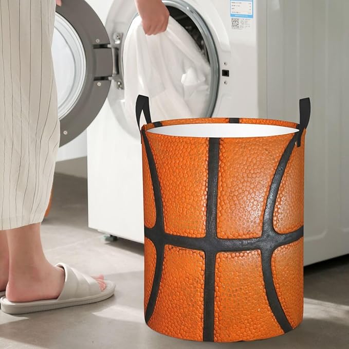 Basketball Ball Texture Round Laundry Hamper Storage Basket Toys Clothes Organizer Bin For Home Bathroom Bedroom Dorm Nursery, 38l