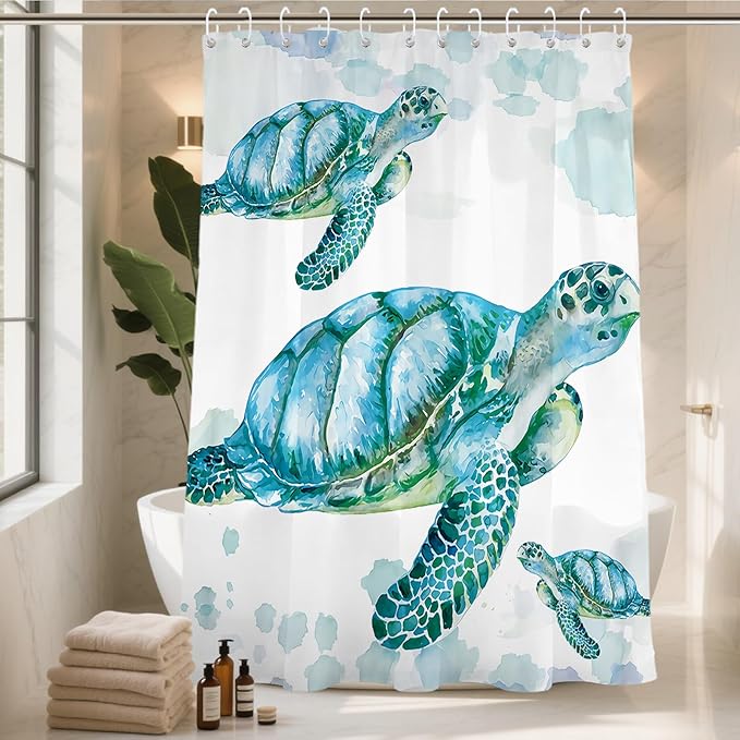 Beach Nautical Sea Turtle Bathroom Sets with Ocean Family Coral Shower Curtain and 20 x 31 Rugs Bathroom Accessories Sets Decor with Bath Rug, Bath Mat, U-Shaped Contour and Hooks 72 x 72 Inch Blue