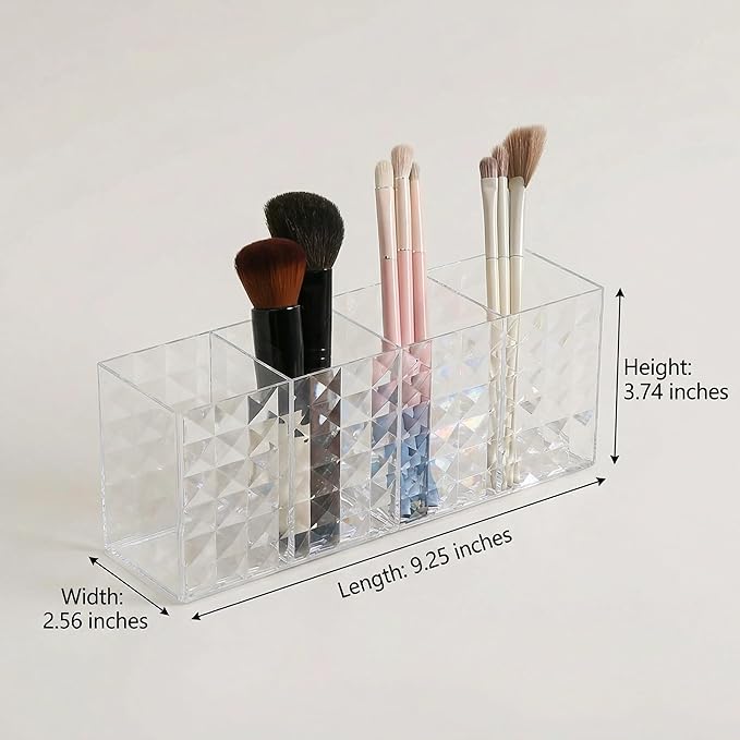 4 Compartment Makeup Brush Holder, Clear Cosmetic Organizer for Vanity, Multi-Function Pen Holder Makeup Storage Cup