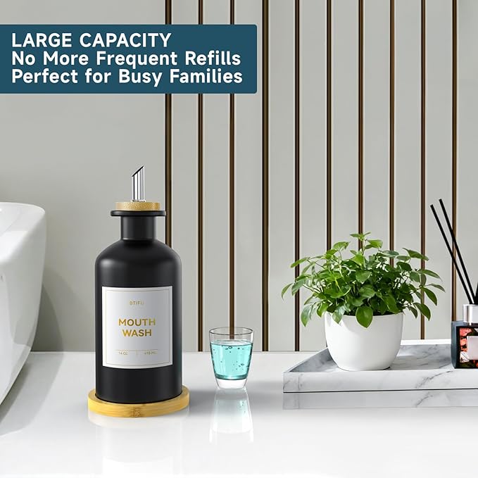 Black Glass Mouthwash Dispenser for Bathroom Countertop – 14oz/410ml Refillable Mouthwash Container with Glass Cup & Bamboo Tray, Modern Bathroom Decor for Home, Office, Airbnb (Black)