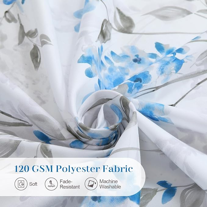 Blue Gray Floral Fabric Shower Curtain, Watercolor Flower Plant Shower Curtain, Waterproof Decorative Boho Botanical Bathroom Curtains, 72" W x 72" H