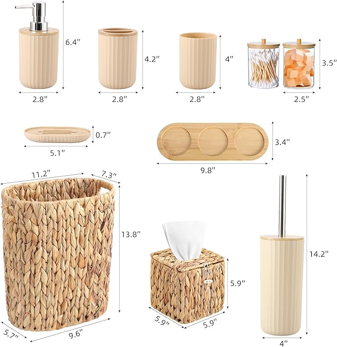 Bathroom Accessories Set,10PC Wicker Home Set with Trash Can, Tissue Box,Tray, Soap Dispenser, Soap Dish, Toothbrush Holder, Toothbrush Cup,Toilet Brush and Qtip Holders (Ratten, Beige)