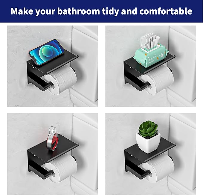 GLNLQ Matte Black Toilet Paper Holder with Shelf, Fits Mega Rolls, Rustproof Stainless Steel, Self Adhesive Wall Mount Toilet Paper Roll Holder, for Bathroom, Washroom, Kitchen, RV