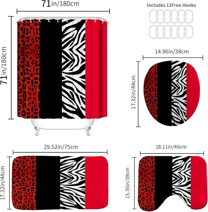Onalasyc 4Pcs Red Leopard Shower Curtain with Rugs Set Waterproof Cheetah Print Bathroom Sets with Shower Curtain and Rugs Red Leopard Animal Print Bathroom Curtains Shower Set with 12 pcs Hooks