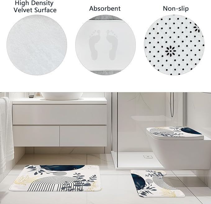 Riyidecor Mid Century Boho 4Pcs Shower Curtain Set with Toilet Lid Cover and Non-Slip Rugs,Modern Minimalist Navy Blue Bathroom Decor Set，Abstract Contour and Bath Mat with 12 Hooks
