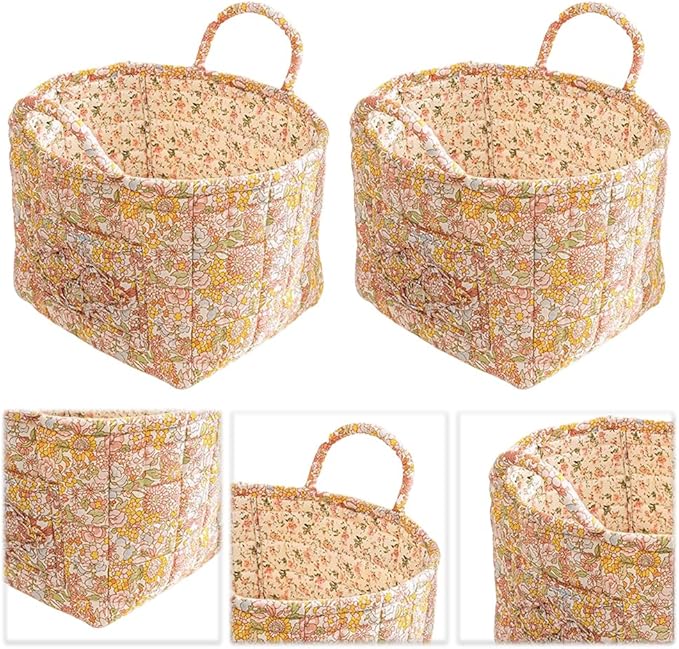 Quilted Fabric Storage Basket Boho Floral Laundry Hamper with Handle Foldable Floral Basket Organizer for Car Bedroom