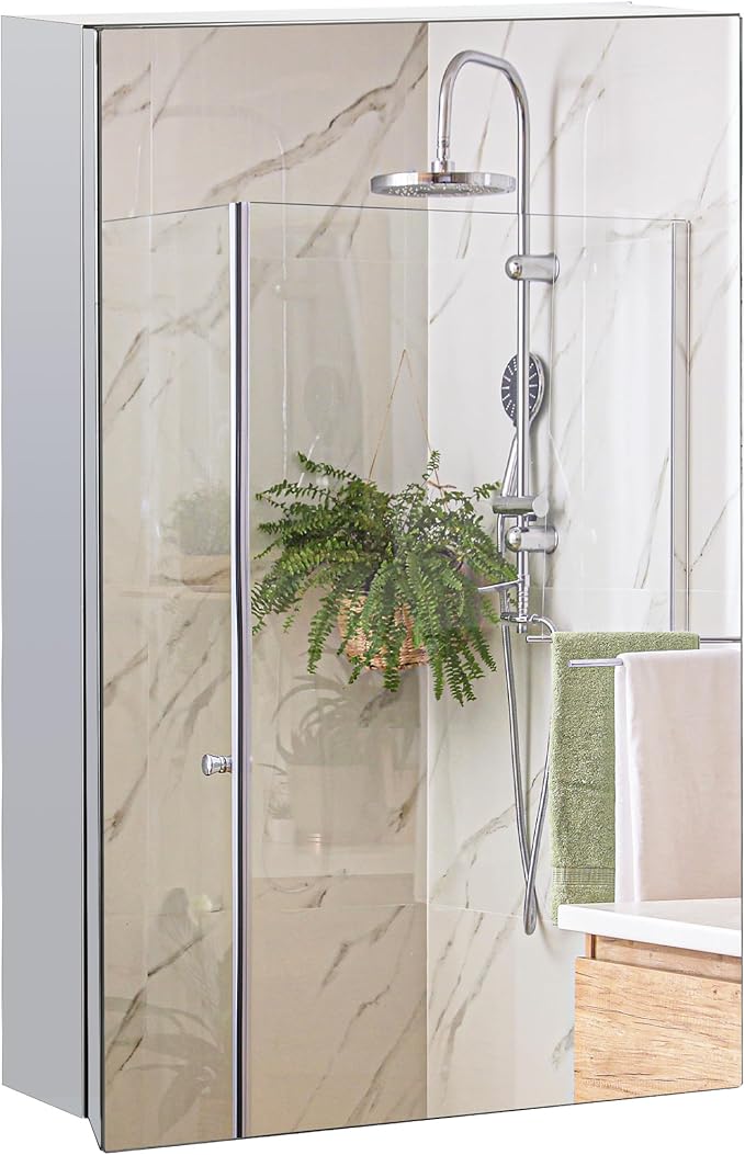 kleankin Wall-Mounted Medicine Cabinet with Mirror, Bathroom Mirror Cabinet Wall Mounted with Hinged Door, Storage Shelves for Living Room and Laundry Room, 15" x 24", Silver