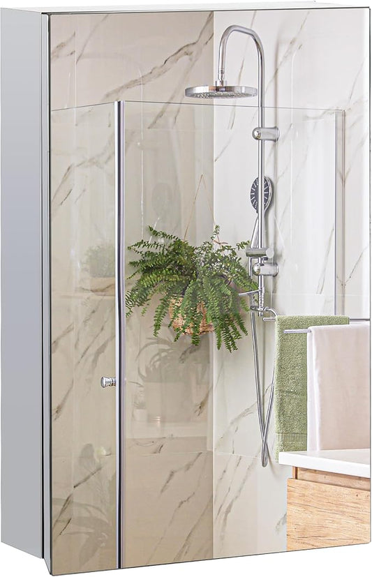 kleankin Wall-Mounted Medicine Cabinet with Mirror, Bathroom Mirror Cabinet Wall Mounted with Hinged Door, Storage Shelves for Living Room and Laundry Room, 15" x 24", Silver