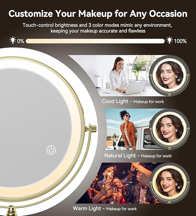 Matekxy 8" Lighted Makeup Mirror with Magnification - 1X/10X Magnifying Desk Mirror with Rechargeable LED Lights, 3 Colors Dimmable Tabletop Mirror, Brass Gold