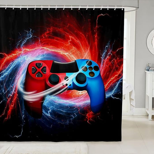 Feelyou Gamepad Bathroom Shower Curtain Set Kids Gamer Console Shower Curtain Modern Game Controller Bath Curtain for Boys Stalls Bathtubs Decor Red Blue Whirlwind Waterproof Curtain 72"x78"