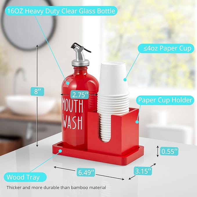 Glass Mouthwash Dispenser for Bathroom, 16 OZ Mouthwash Dispenser with Pour Spout and Wood Cup Holder and Tray, Mouth Wash Bottle Container, Red Kitchen Bathroom Decor and Accessories