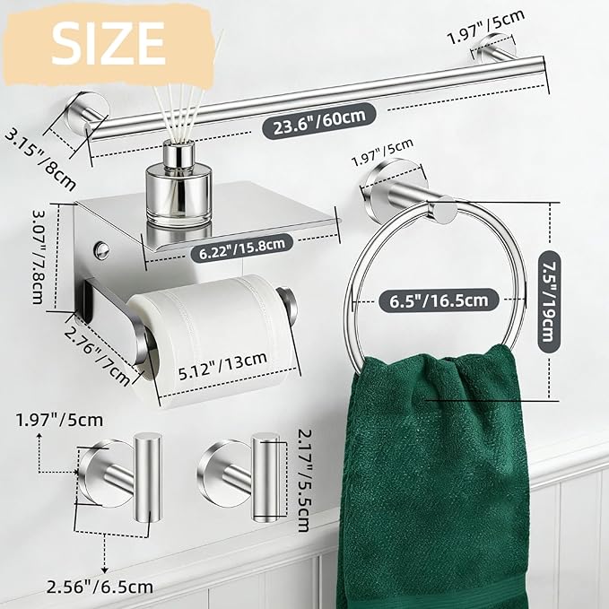 5Pcs Bathroom Hardware Accessories, 24 Inch Brushed Nickel Bath Towel Bar Set, Toilet Paper Holder and Towel Ring, Stainless Steel Wall Mounted Towel Rack Set, Center Section Removable