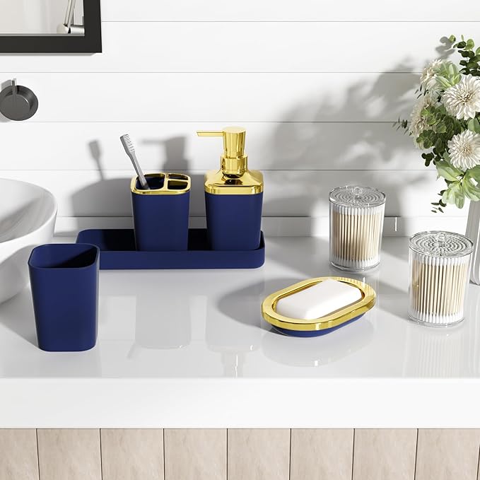XLHOMO Navy Blue Bathroom Accessories Set, Blue and Gold Bathroom Accessories with Trash Can, Soap Dispenser, Soap Dish, Toothbrush Holder and Q-tip Holders