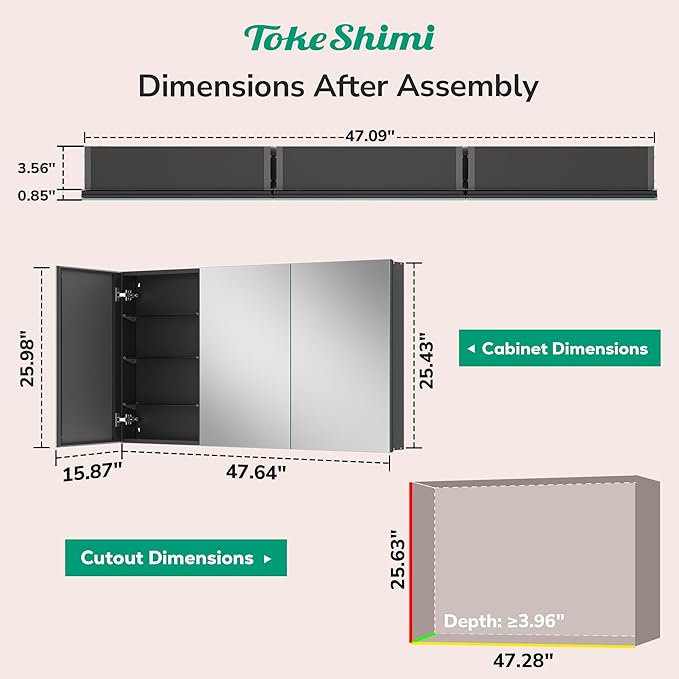 TokeShimi 48x26 Recessed Medicine Cabinet with Mirror Aluminum Black, Tempered Frameless Bathroom Mirror with Storage Adjustable, White Wall Mounted Medicine Cabinet for Bathroom Farmhouse